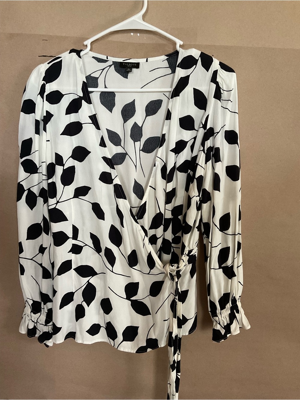 Talbots Black & White Leaf Wrap Blouse. Size Mp